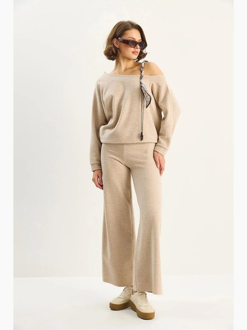 Ensemble deux pièces en maille côtelée à col bateau lucci Beige argile - Kiabi