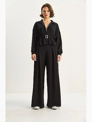 Ensemble deux pièces en maille taille haute et jambes larges avec col de veste lucci