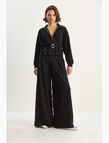 Ensemble deux pièces en maille taille haute et jambes larges avec col de veste lucci