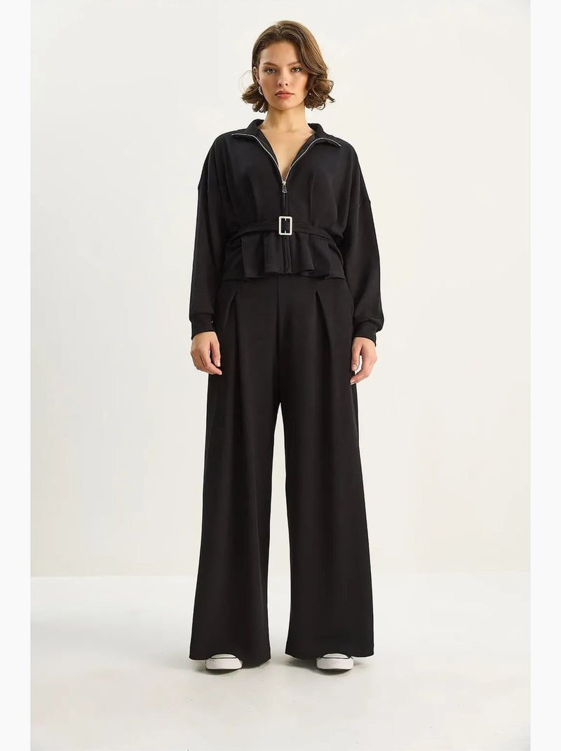 Ensemble deux pièces en maille taille haute et jambes larges avec col de veste lucci Noir - Kiabi