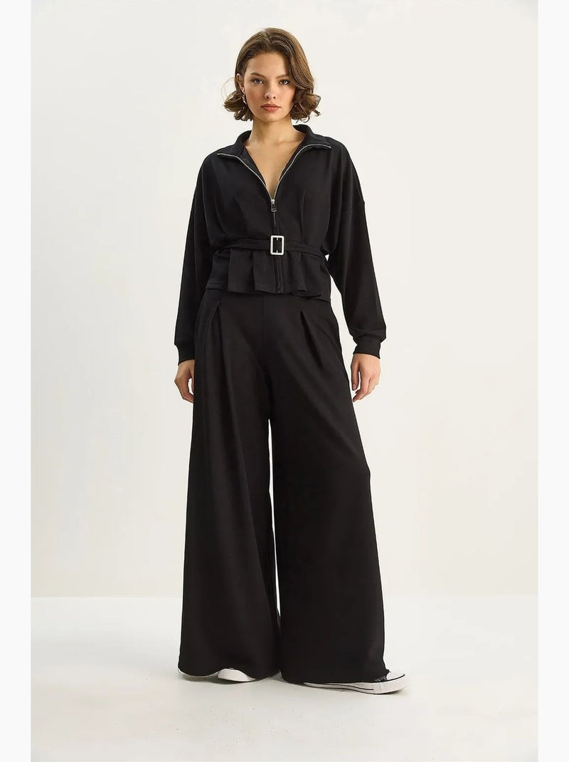 Ensemble deux pièces en maille taille haute et jambes larges avec col de veste lucci Noir - Kiabi