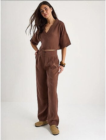 Ensemble deux pièces en modal avec chemisier col v et pantalon taille haute bianco lucci