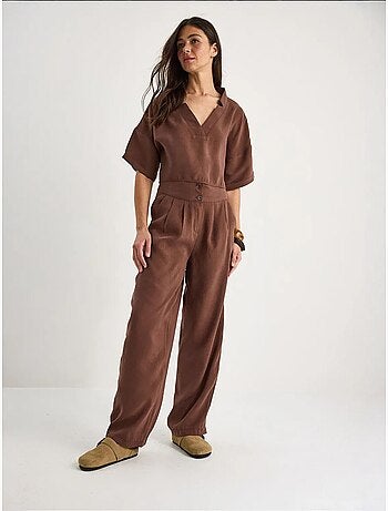 Ensemble deux pièces en modal avec chemisier col v et pantalon taille haute bianco lucci