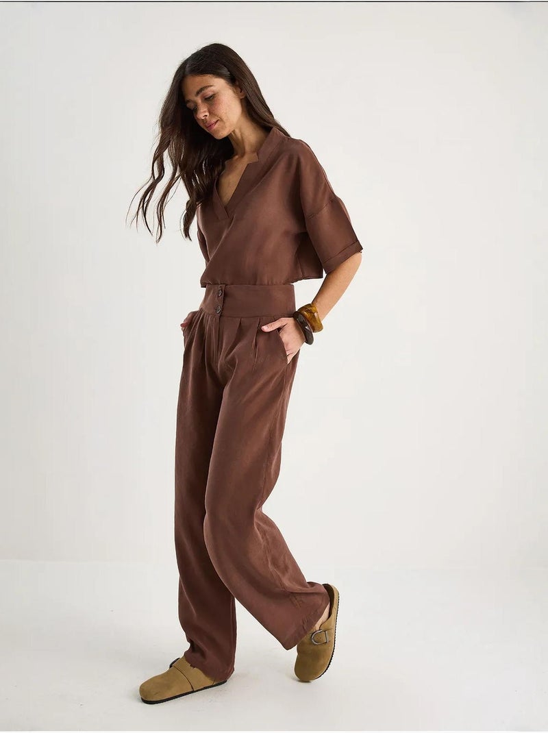 Ensemble deux pièces en modal avec chemisier col v et pantalon taille haute bianco lucci Marron chocolat - Kiabi