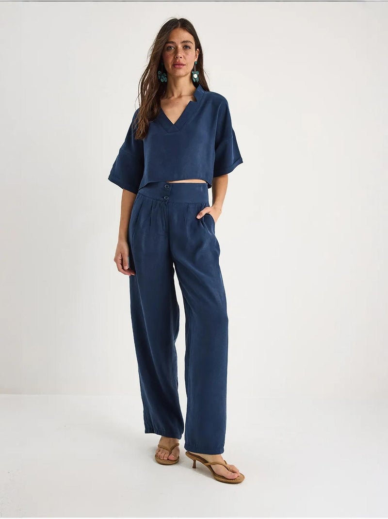 Ensemble deux pièces en modal avec chemisier col v et pantalon taille haute lucci Indigo - Kiabi