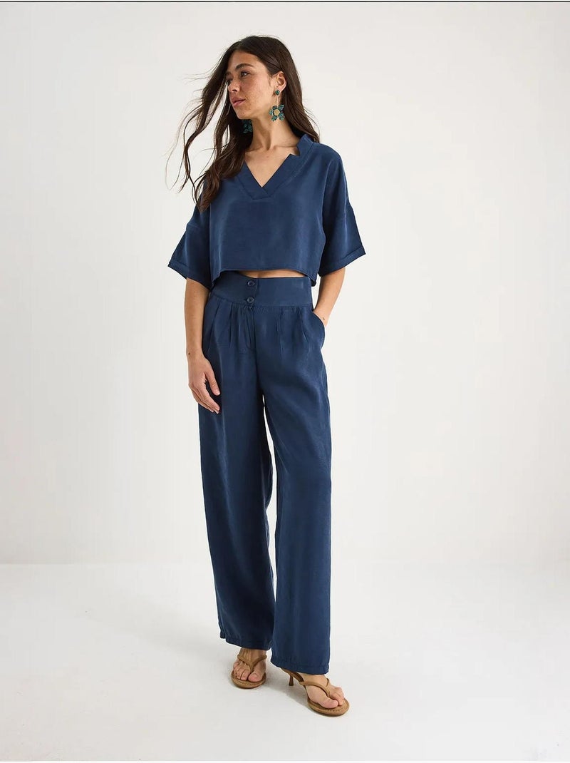 Ensemble deux pièces en modal avec chemisier col v et pantalon taille haute lucci Indigo - Kiabi