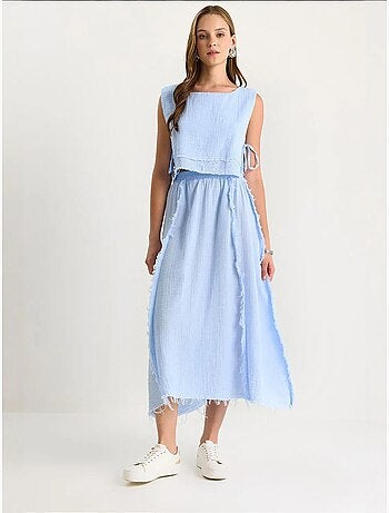Ensemble deux pièces en mousseline avec jupe taille élastique et lien latéral bianco lucci
