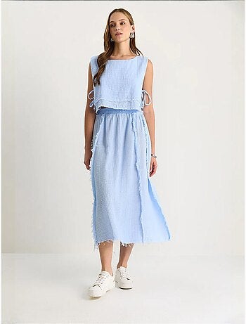 Ensemble deux pièces en mousseline avec jupe taille élastique et lien latéral bianco lucci