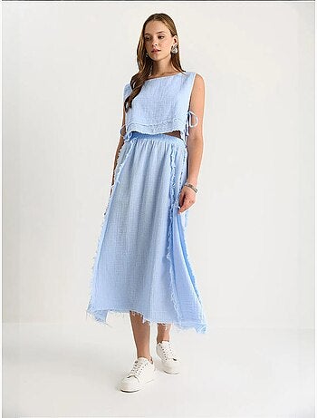 Ensemble deux pièces en mousseline avec jupe taille élastique et lien latéral bianco lucci