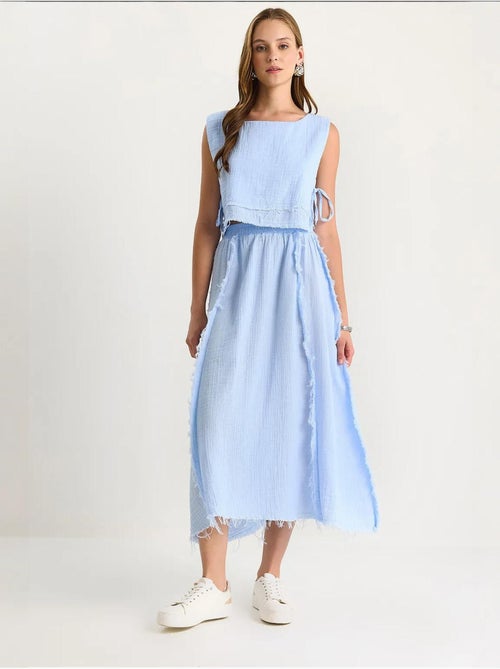 Ensemble deux pièces en mousseline avec jupe taille élastique et lien latéral bianco lucci - Kiabi Ensemble deux pièces en mousseline avec jupe taille élastique et lien latéral bianco lucci - Kiabi