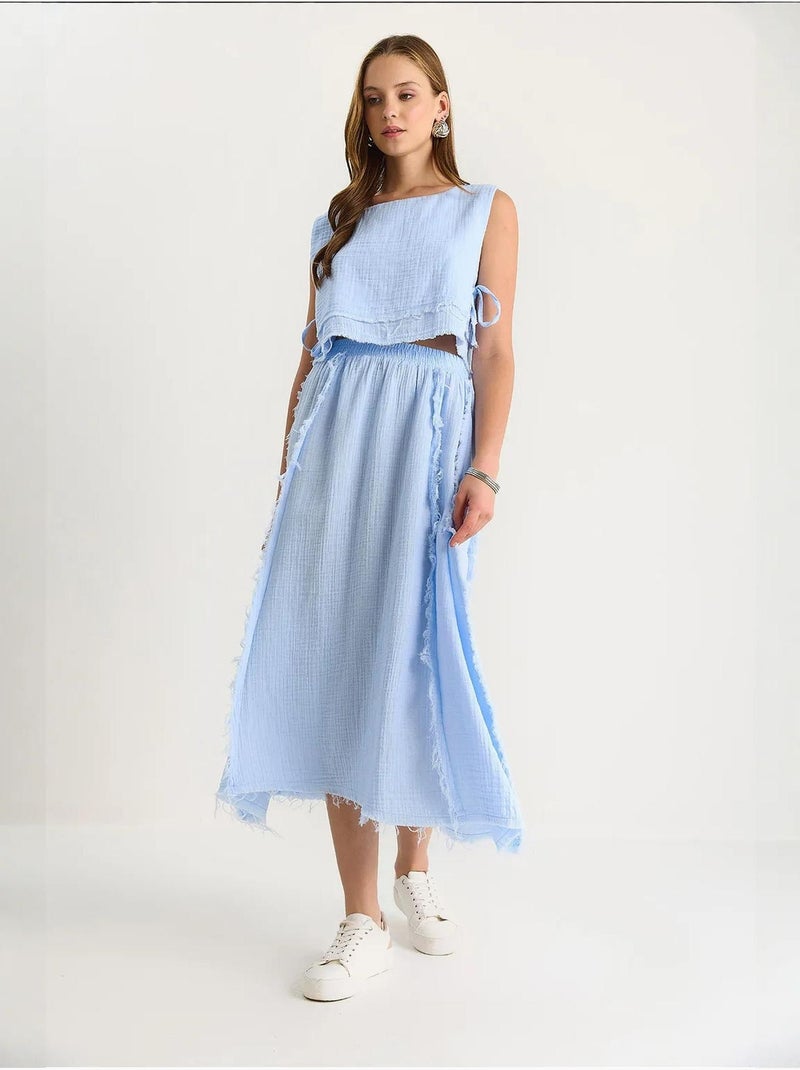 Ensemble deux pièces en mousseline avec jupe taille élastique et lien latéral bianco lucci Bleu ciel - Kiabi