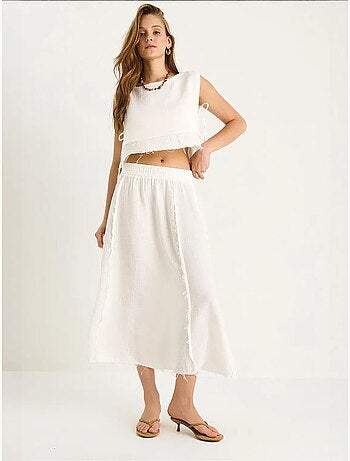 Ensemble deux pièces en mousseline avec jupe taille élastique et lien latéral bianco lucci