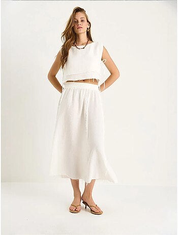 Ensemble deux pièces en mousseline avec jupe taille élastique et lien latéral bianco lucci