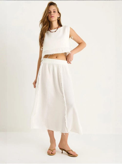 Ensemble deux pièces en mousseline avec jupe taille élastique et lien latéral bianco lucci - Kiabi Ensemble deux pièces en mousseline avec jupe taille élastique et lien latéral bianco lucci - Kiabi