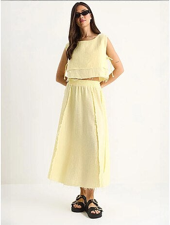 Ensemble deux pièces en mousseline avec jupe taille élastique et lien latéral bianco lucci