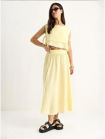 Ensemble deux pièces en mousseline avec jupe taille élastique et lien latéral bianco lucci