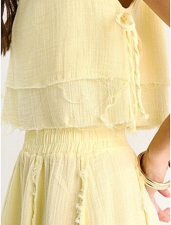 Ensemble deux pièces en mousseline avec jupe taille élastique et lien latéral bianco lucci