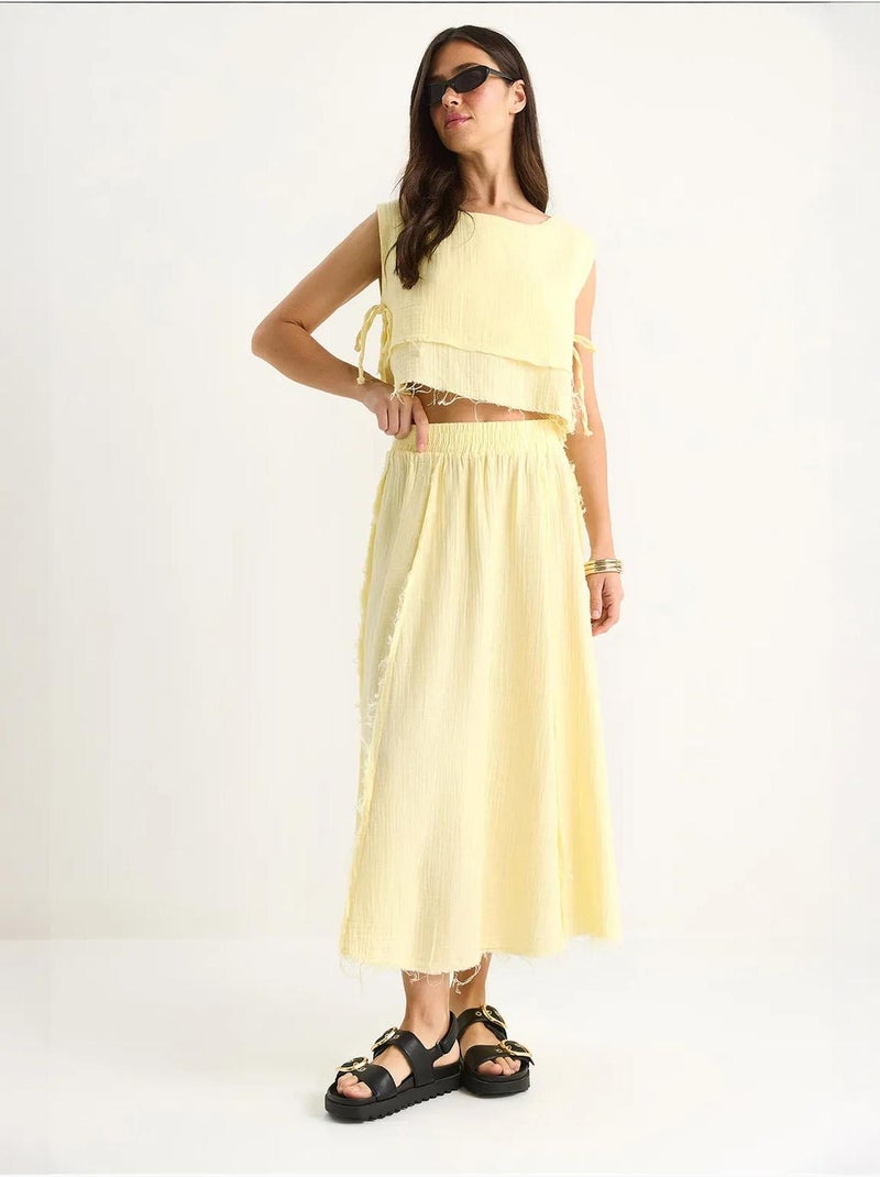 Ensemble deux pièces en mousseline avec jupe taille élastique et lien latéral bianco lucci Jaune citron - Kiabi