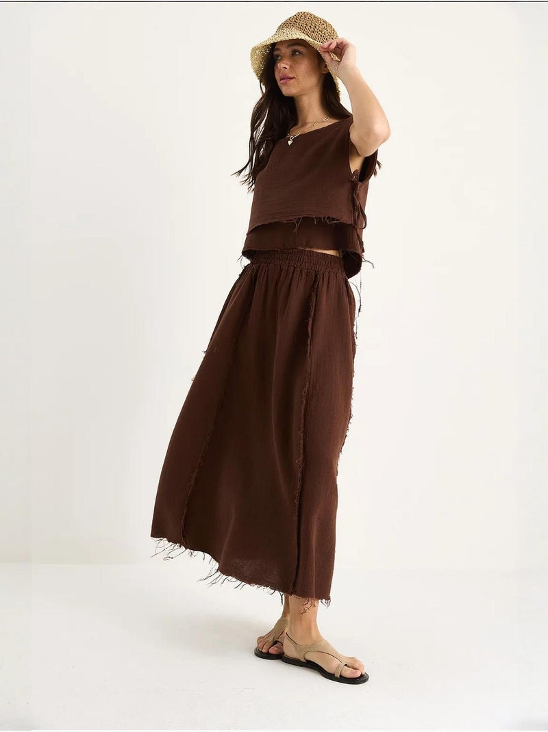 Ensemble deux pièces en mousseline avec jupe taille élastique et lien latéral bianco lucci Marron - Kiabi