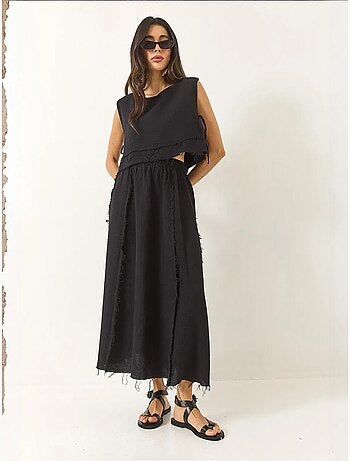 Ensemble deux pièces en mousseline avec jupe taille élastique et lien latéral bianco lucci