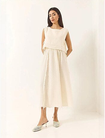 Ensemble deux pièces en mousseline avec jupe taille élastique et lien latéral bianco lucci