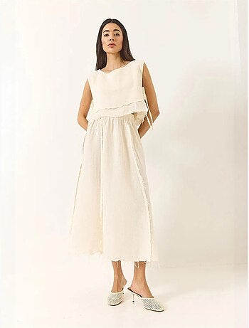 Ensemble deux pièces en mousseline avec jupe taille élastique et lien latéral bianco lucci