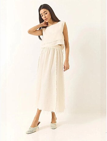 Ensemble deux pièces en mousseline avec jupe taille élastique et lien latéral bianco lucci
