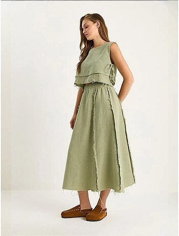 Ensemble deux pièces en mousseline avec jupe taille élastique et lien latéral bianco lucci