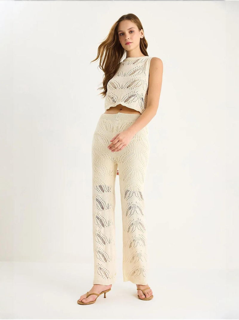 Ensemble deux pièces en tricot texturé avec pantalon évasé taille haute lucci Ivoire - Kiabi