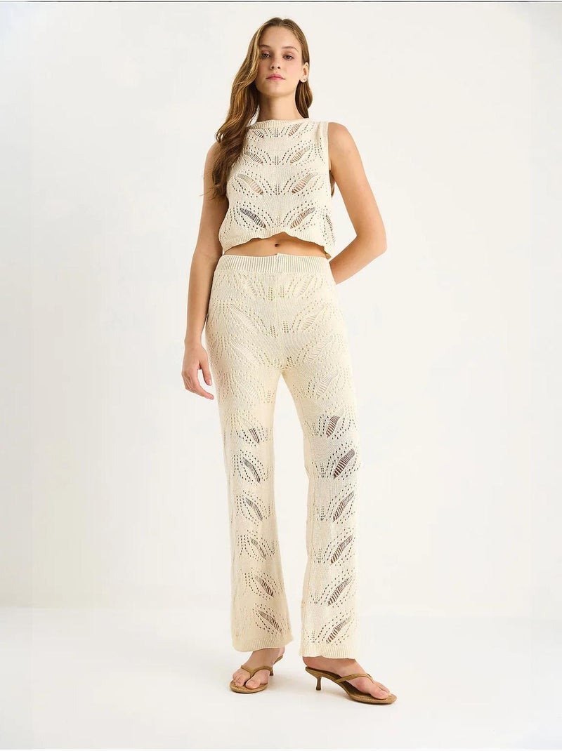 Ensemble deux pièces en tricot texturé avec pantalon évasé taille haute lucci Ivoire - Kiabi