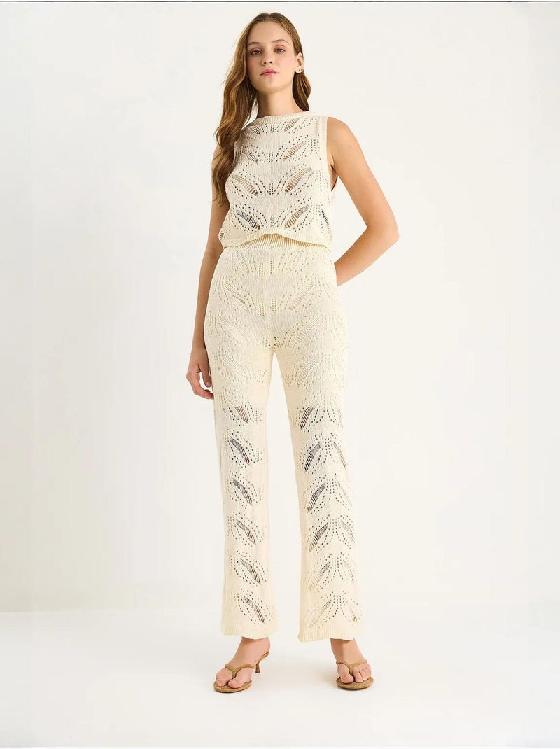 Ensemble deux pièces en tricot texturé avec pantalon évasé taille haute lucci Ivoire - Kiabi