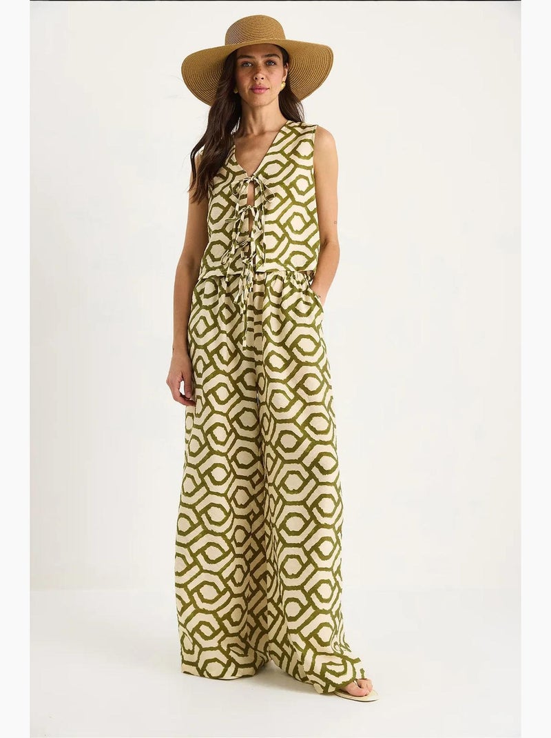 Ensemble deux pièces en viscose à motifs et chemisier noué lucci Vert kaki - Kiabi