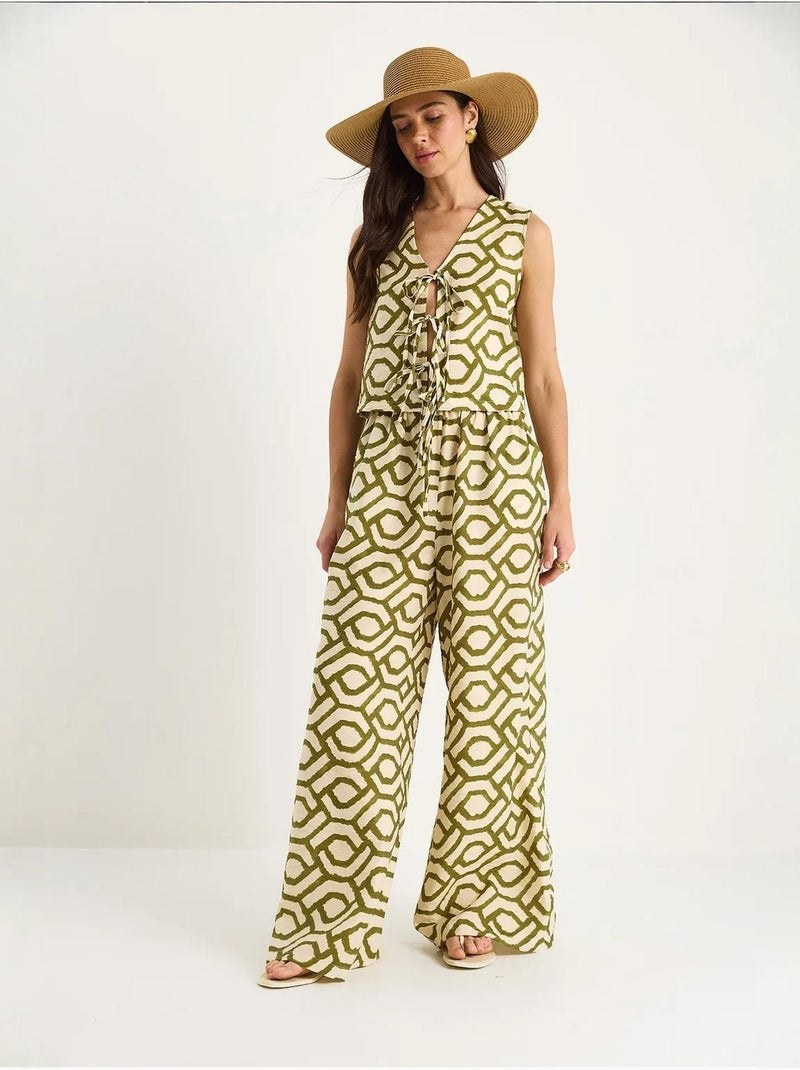 Ensemble deux pièces en viscose à motifs et chemisier noué lucci Vert kaki - Kiabi
