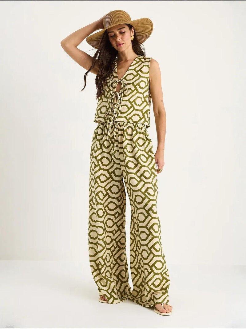 Ensemble deux pièces en viscose à motifs et chemisier noué lucci Vert kaki - Kiabi