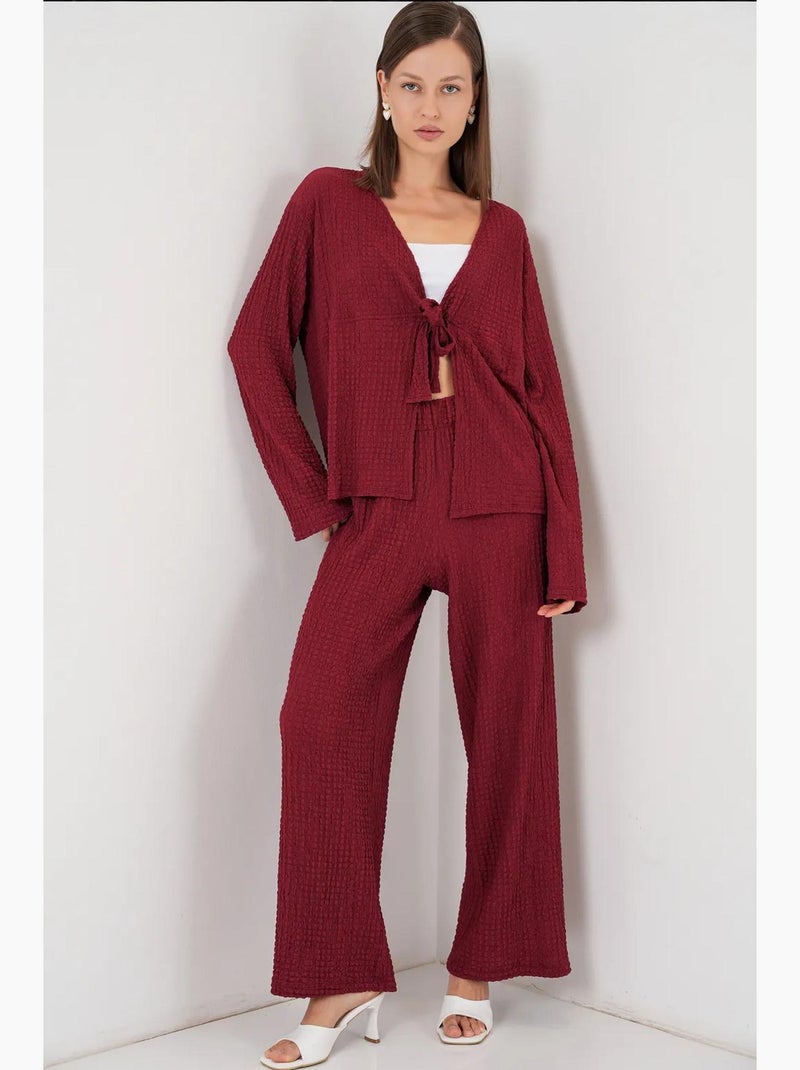 Ensemble deux pièces évasé à manches longues et col en v texturé bdart Rouge bordeaux - Kiabi
