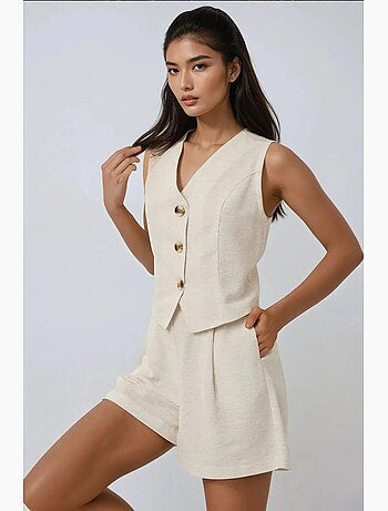 Ensemble deux pièces gilet et short en lin à col en v hiccup