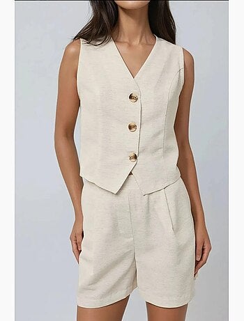 Ensemble deux pièces gilet et short en lin à col en v hiccup