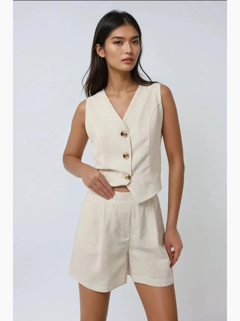 Ensemble deux pièces gilet et short en lin à col en v hiccup Ivoire - Kiabi