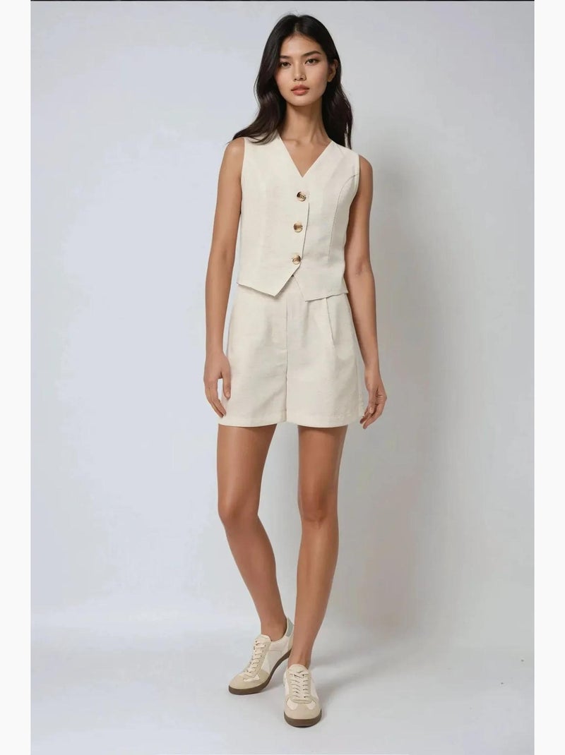 Ensemble deux pièces gilet et short en lin à col en v hiccup Ivoire - Kiabi