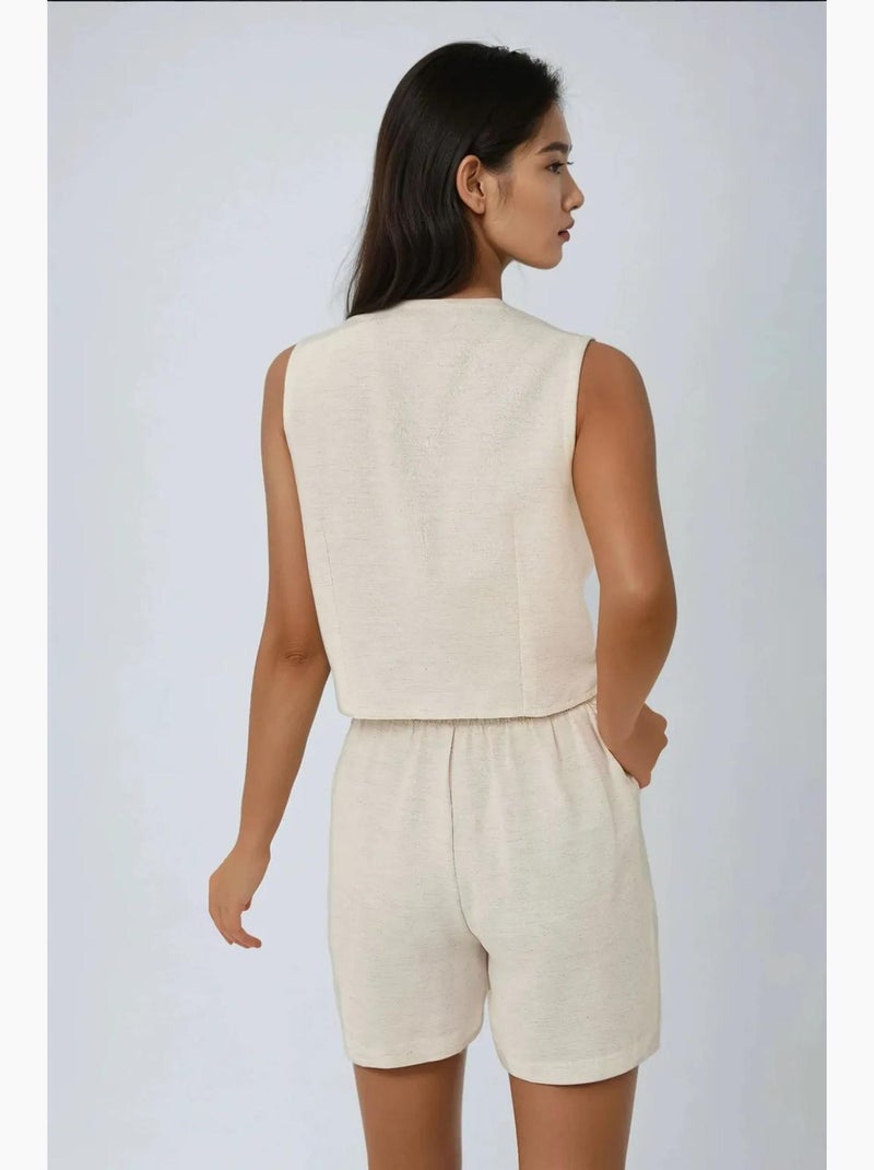 Ensemble deux pièces gilet et short en lin à col en v hiccup Ivoire - Kiabi