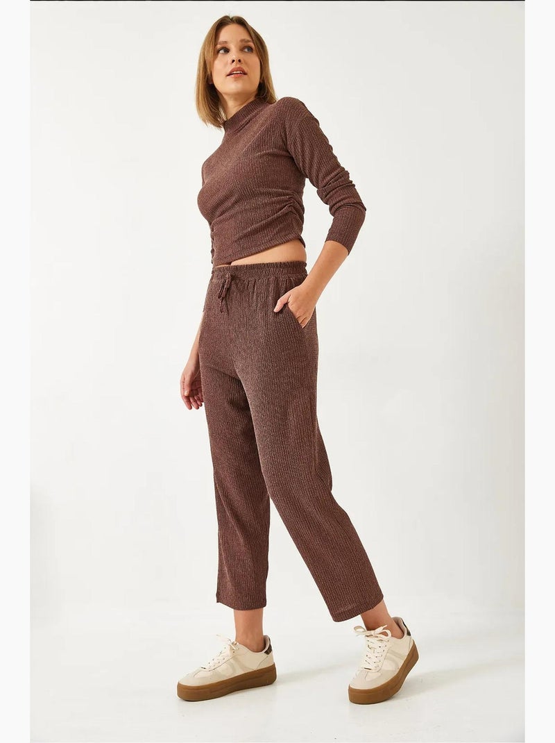 Ensemble deux pièces : haut court et pantalon taille élastique lucci Marron chocolat - Kiabi