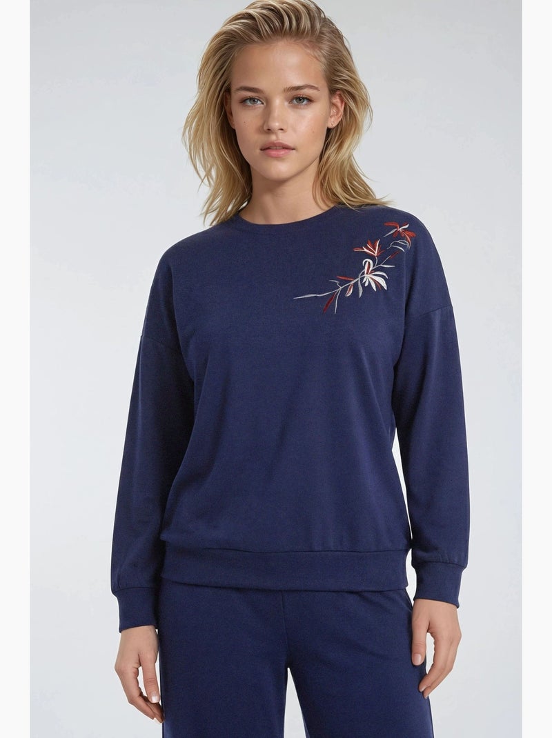 Ensemble deux pièces long à col rond brodé et pantalon à jambes larges hiccup Bleu marine - Kiabi