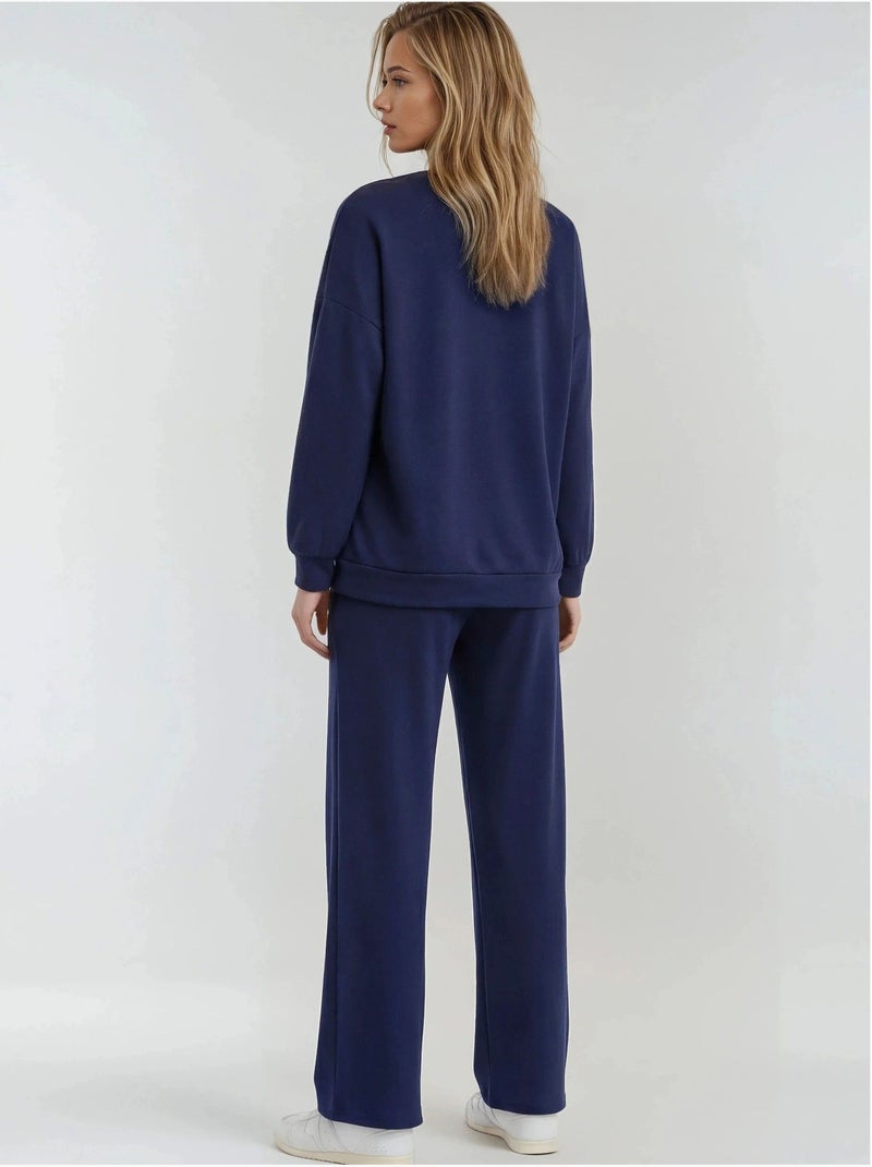 Ensemble deux pièces long à col rond brodé et pantalon à jambes larges hiccup Bleu marine - Kiabi