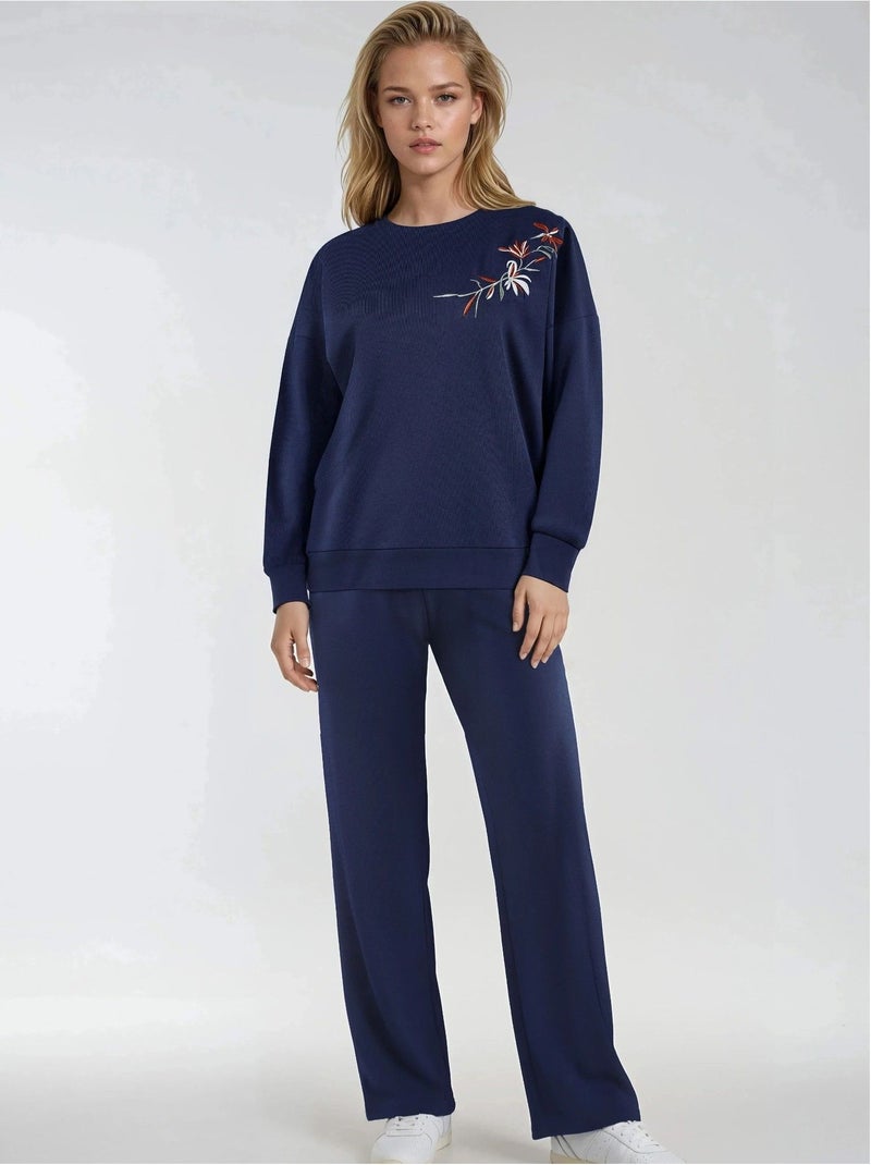 Ensemble deux pièces long à col rond brodé et pantalon à jambes larges hiccup Bleu marine - Kiabi