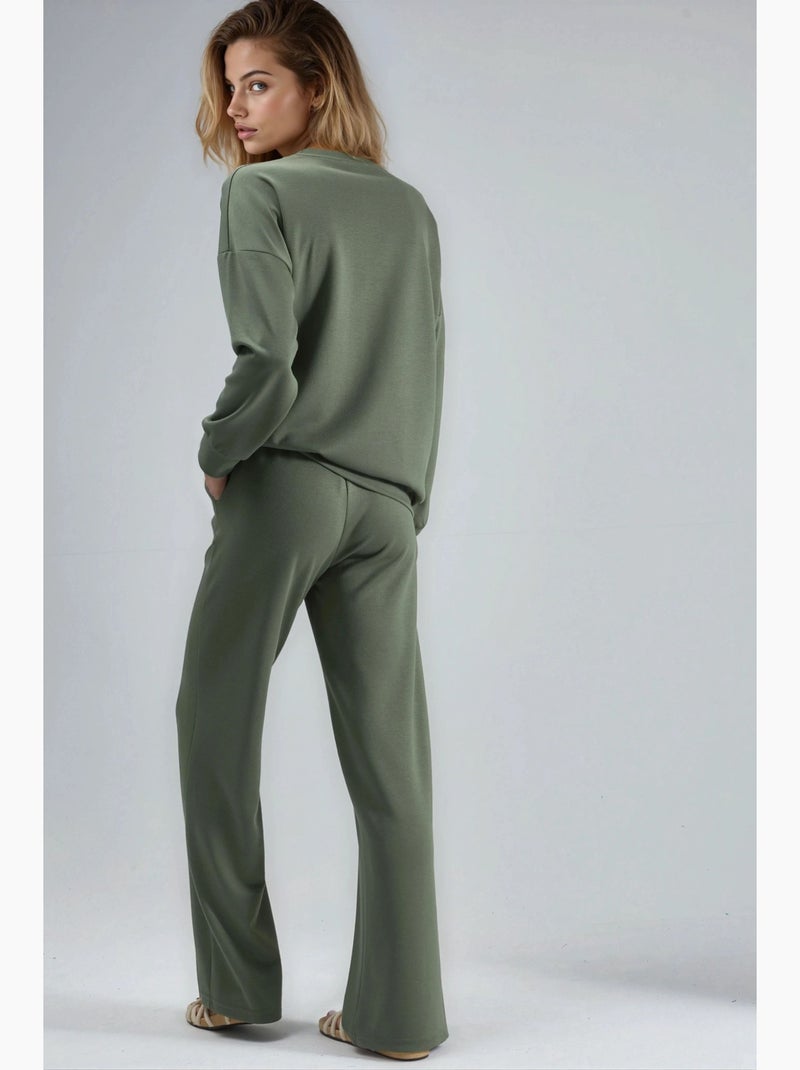Ensemble deux pièces long à col rond brodé et pantalon à jambes larges hiccup Kaki - Kiabi