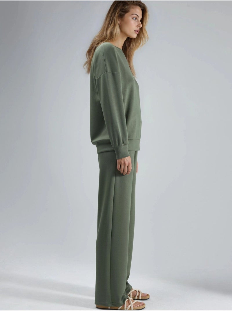 Ensemble deux pièces long à col rond brodé et pantalon à jambes larges hiccup Kaki - Kiabi