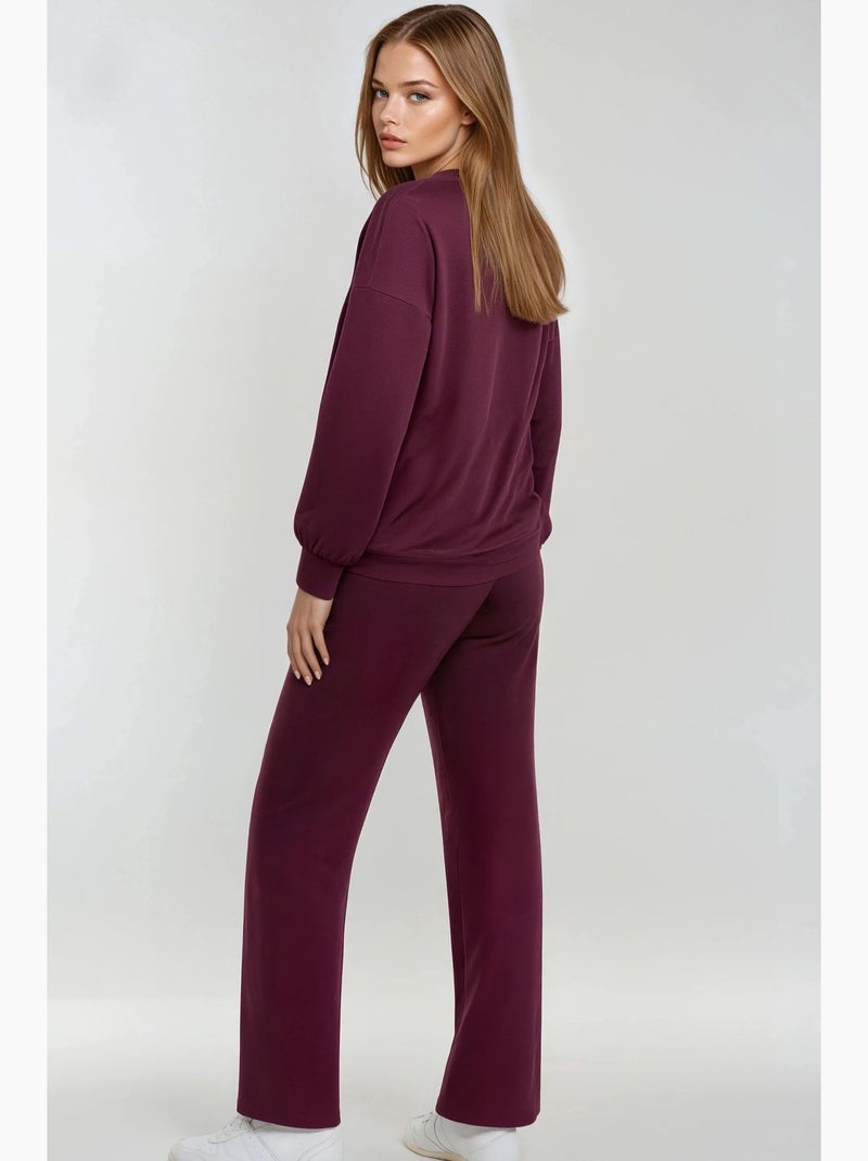 Ensemble deux pièces long à col rond brodé et pantalon à jambes larges hiccup Rouge bordeaux - Kiabi