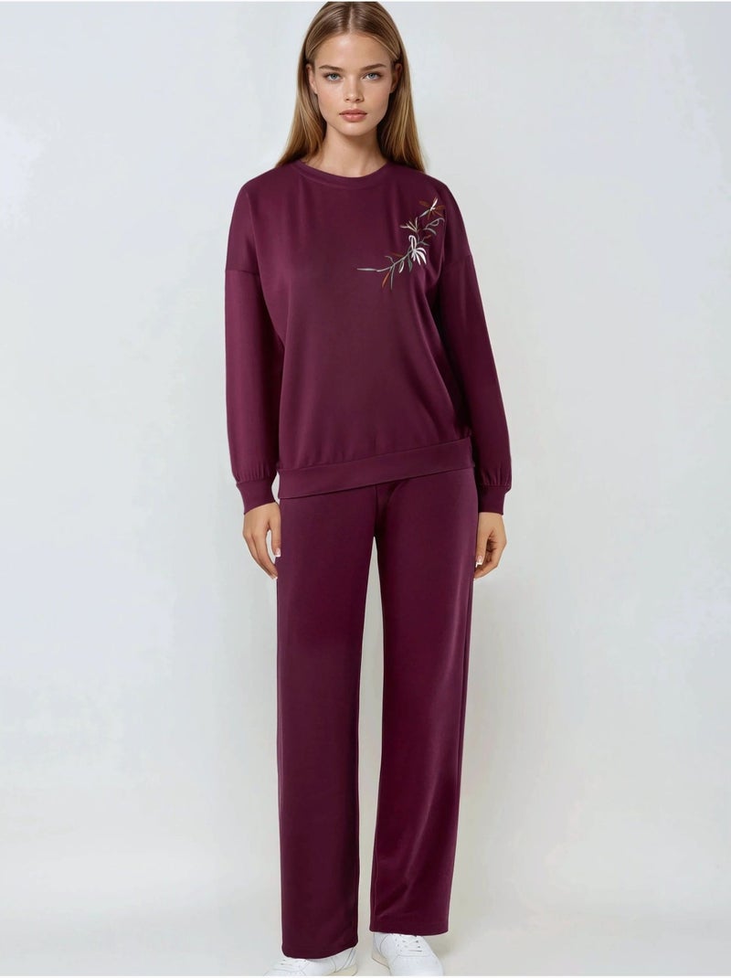 Ensemble deux pièces long à col rond brodé et pantalon à jambes larges hiccup Rouge bordeaux - Kiabi