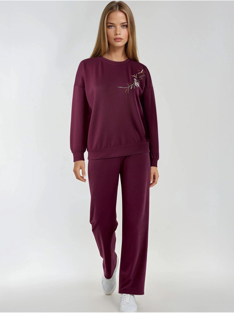 Ensemble deux pièces long à col rond brodé et pantalon à jambes larges hiccup Rouge bordeaux - Kiabi
