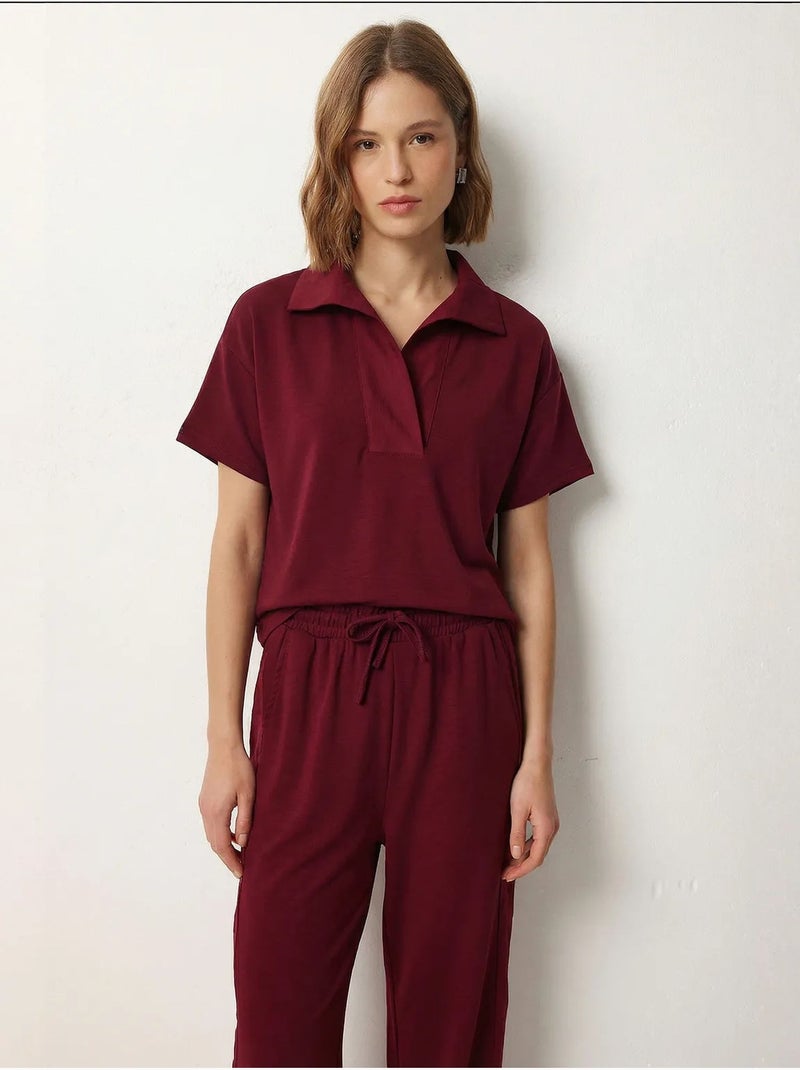 Ensemble deux pièces polo à col montant et jambes larges istanbul Rouge bordeaux - Kiabi